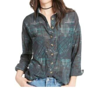 Free People Plaid Button-Down Shirt - Teal and Charcoal Size M